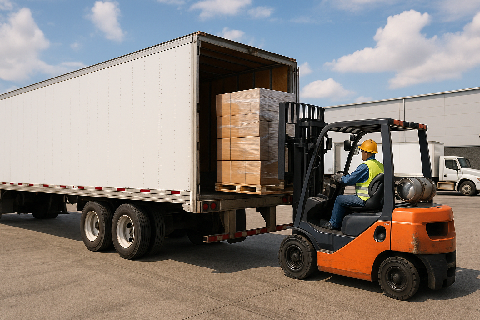 フォークリフトで荷物を運ぶ作業風景